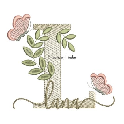 Matriz de Bordado Nome Lana folhas e Borboletas