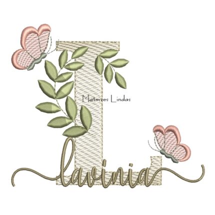 Matriz de Bordado Nome Lavínia folhas e Borboletas