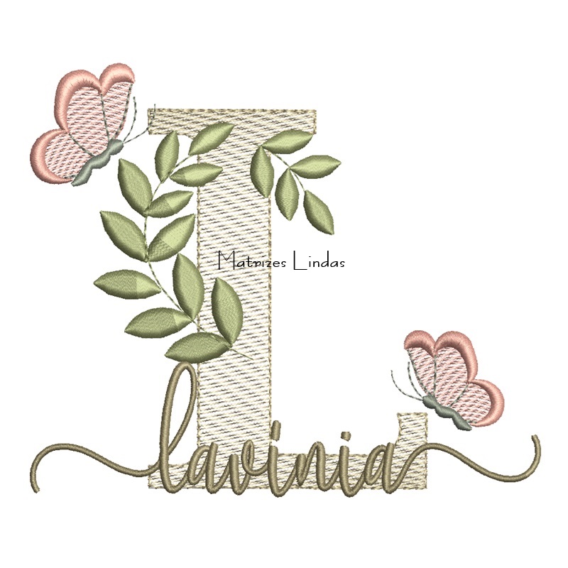 Matriz de Bordado Nome Lavínia folhas e Borboletas Matriz de Bordado Nome Lavínia folhas e Borboletas