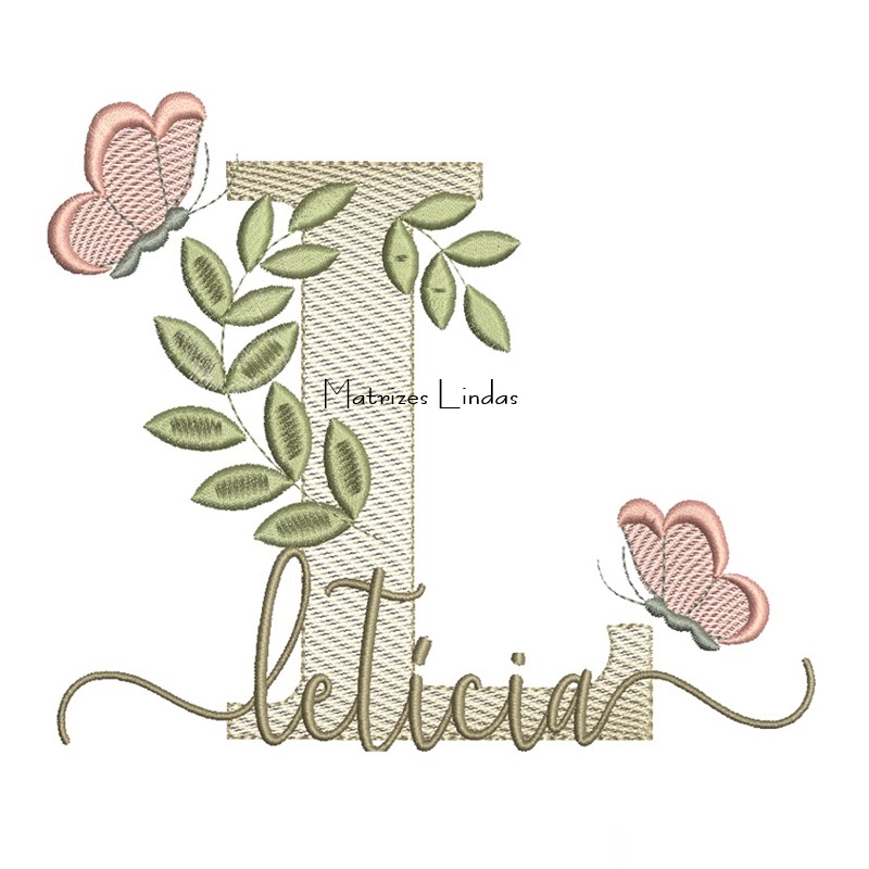 Matriz de Bordado Nome Letícia folhas e Borboletas Matriz de Bordado Nome Letícia folhas e Borboletas