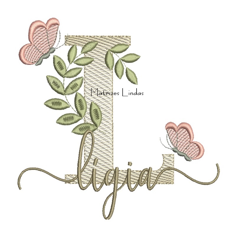 Matriz de Bordado Nome Lígia folhas e Borboletas Matriz de Bordado Nome Lígia folhas e Borboletas