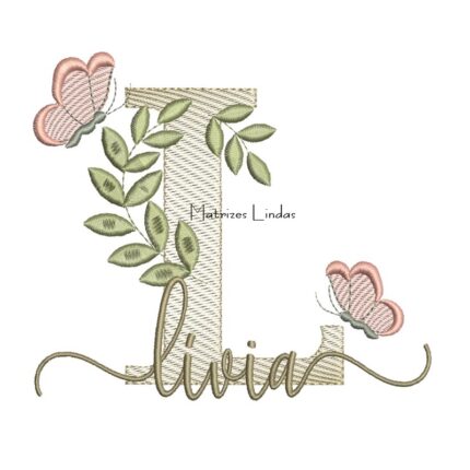 Matriz de Bordado Nome Lívia folhas e Borboletas