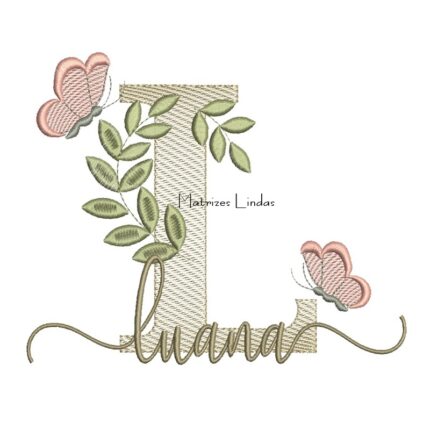 Matriz de Bordado Nome Luana folhas e Borboletas