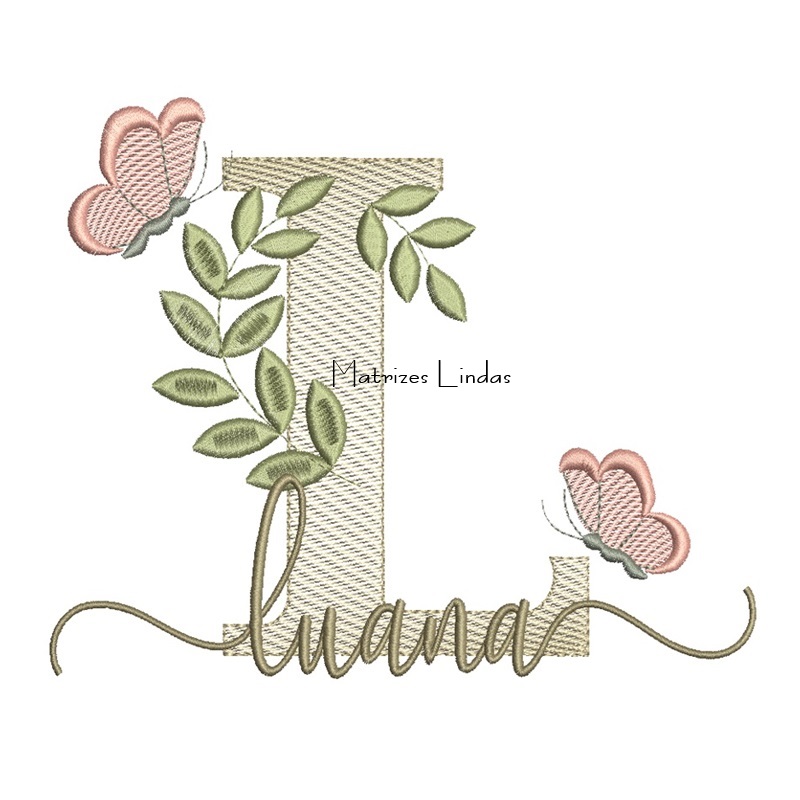 Matriz de Bordado Nome Luana folhas e Borboletas Matriz de Bordado Nome Luana folhas e Borboletas