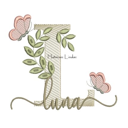 Matriz de Bordado Nome Luna folhas e Borboletas