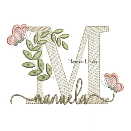 Matriz de Bordado Nome Manuela folhas e Borboletas