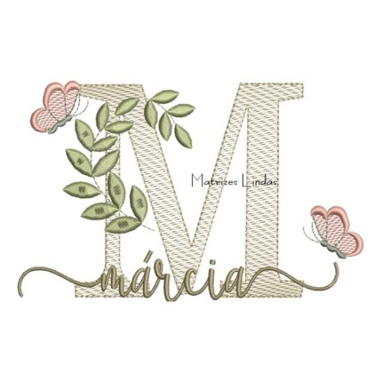 Matriz de Bordado Nome Márcia folhas e Borboletas