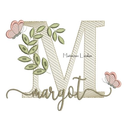 Matriz de Bordado Nome Margot folhas e Borboletas