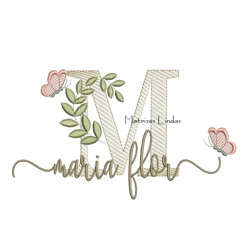 Matriz de Bordado Nome Maria Flor folhas e Borboletas Matriz de Bordado Nome Maria Flor folhas e Borboletas