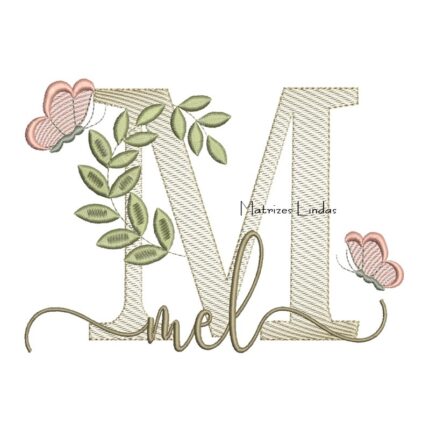 Matriz de Bordado Nome Mel folhas e Borboletas