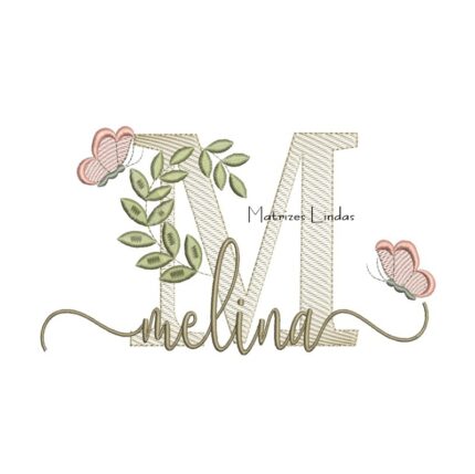 Matriz de Bordado Nome Melina folhas e Borboletas