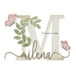 Matriz de Bordado Nome Milena folhas e Borboletas