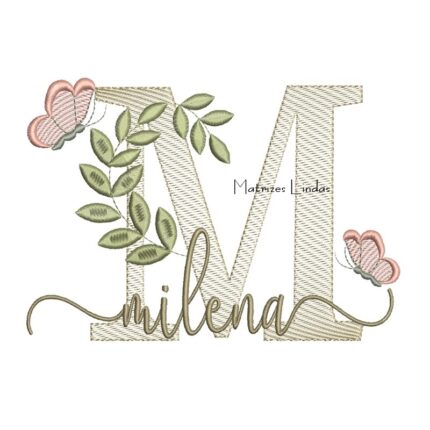 Matriz de Bordado Nome Milena folhas e Borboletas