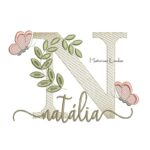 Matriz de Bordado Nome Natália folhas e Borboletas