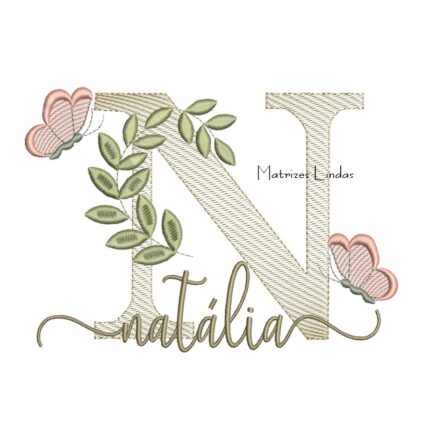 Matriz de Bordado Nome Natália folhas e Borboletas
