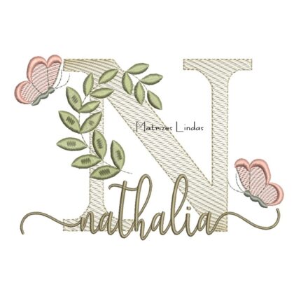 Matriz de Bordado Nome Nathalia folhas e Borboletas