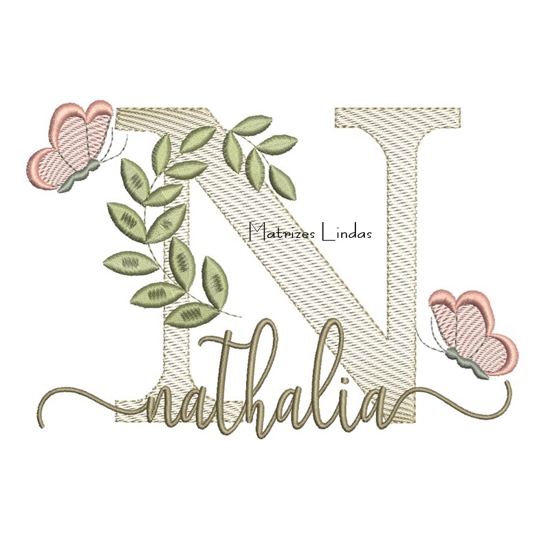 Matriz de Bordado Nome Nathalia folhas e Borboletas Matriz de Bordado Nome Nathalia folhas e Borboletas