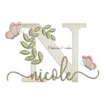 Matriz de Bordado Nome Nicole folhas e Borboletas