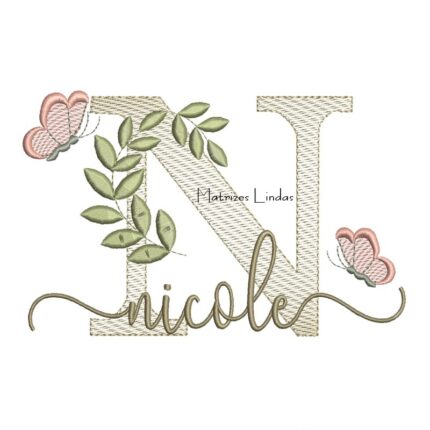 Matriz de Bordado Nome Nicole folhas e Borboletas