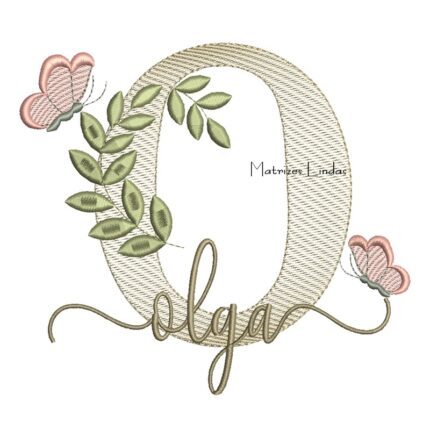 Matriz de Bordado Nome Olga folhas e Borboletas