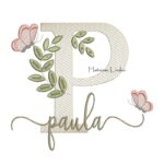 Matriz de Bordado Nome Paula folhas e Borboletas
