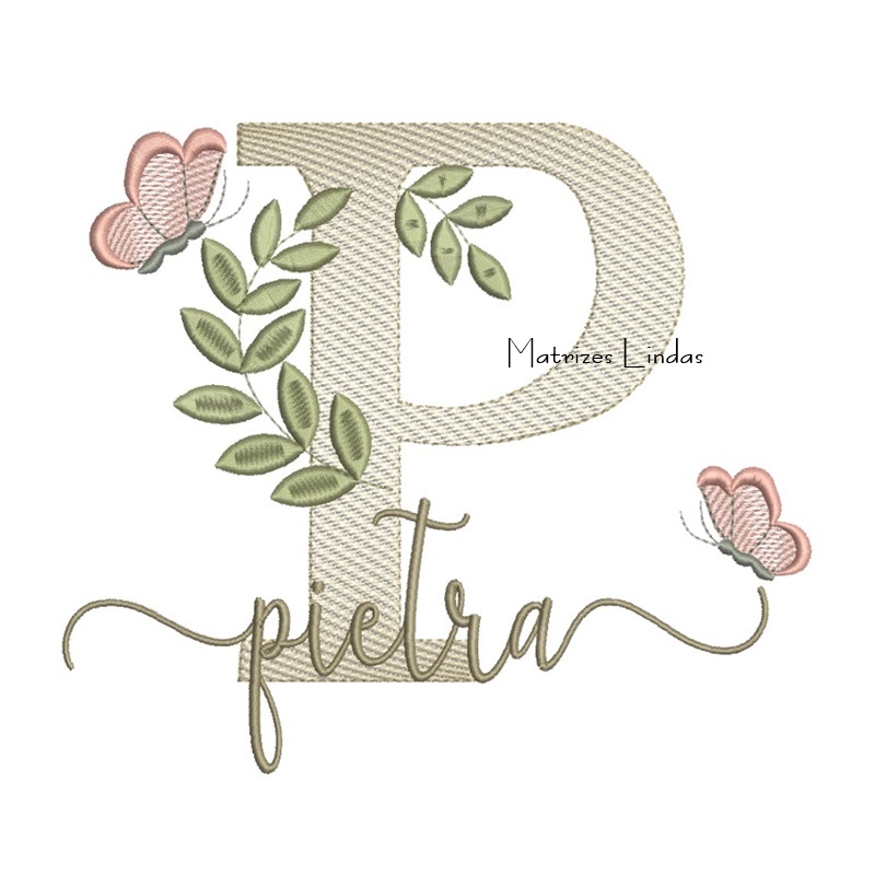 Matriz de Bordado Nome Pietra folhas e Borboletas Matriz de Bordado Nome Pietra folhas e Borboletas