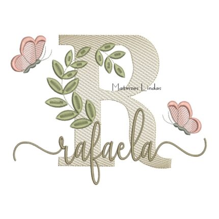 Matriz de Bordado Nome Rafaela folhas e Borboletas