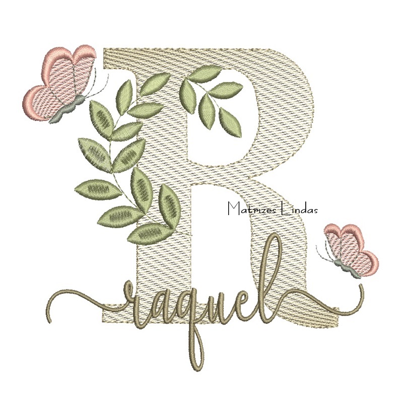 Matriz de Bordado Nome Raquel folhas e Borboletas Matriz de Bordado Nome Raquel folhas e Borboletas