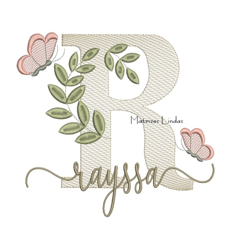 Matriz de Bordado Nome Rayssa folhas e Borboletas