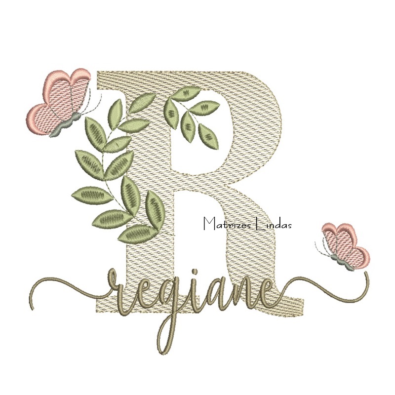 Matriz de Bordado Nome Regiane folhas e Borboletas