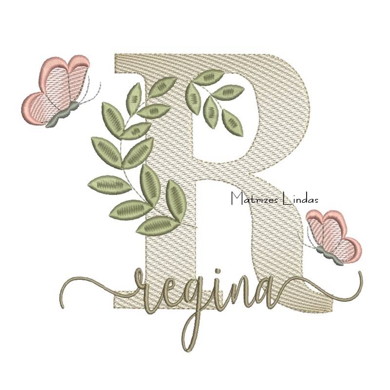 Matriz de Bordado Nome Regina folhas e Borboletas