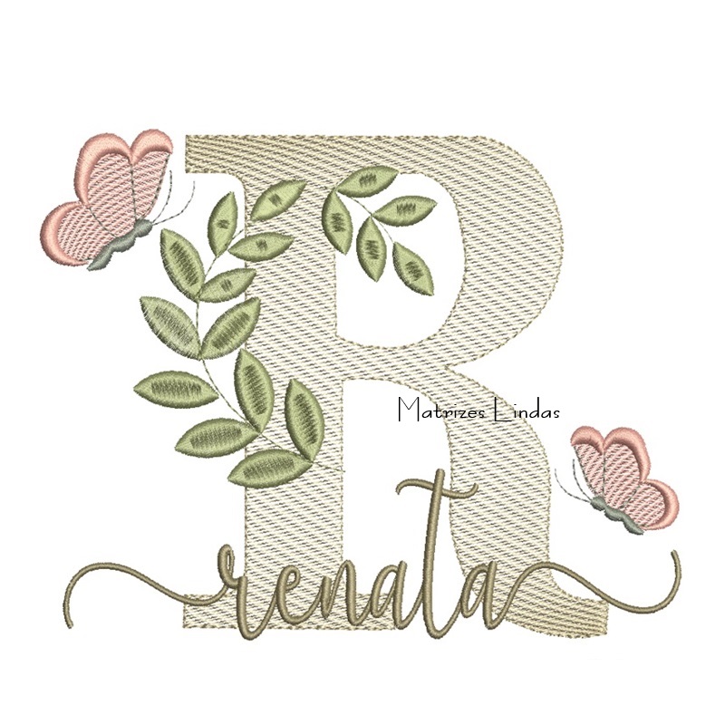 Matriz de Bordado Nome Renata folhas e Borboletas