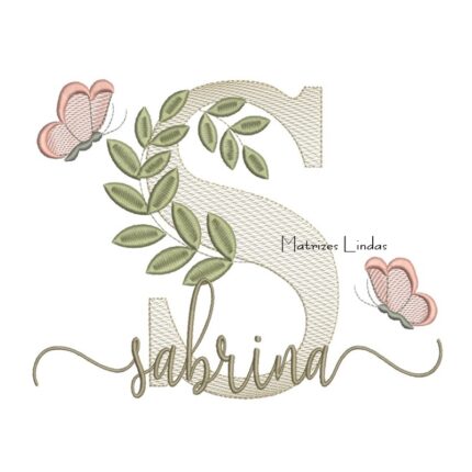 Matriz de Bordado Nome Sabrina folhas e Borboletas