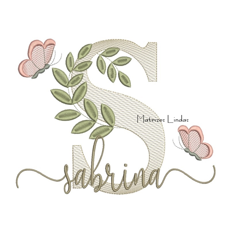 Matriz de Bordado Nome Sabrina folhas e Borboletas