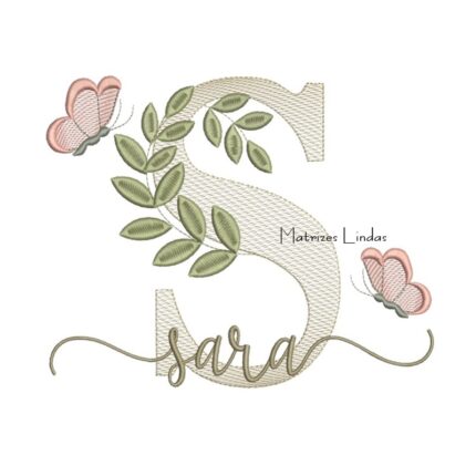 Matriz de Bordado Nome Sara Folhas e Borboletas