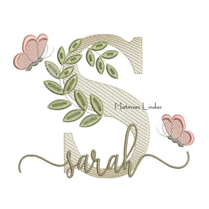 Matriz de Bordado Nome Sarah folhas e Borboletas
