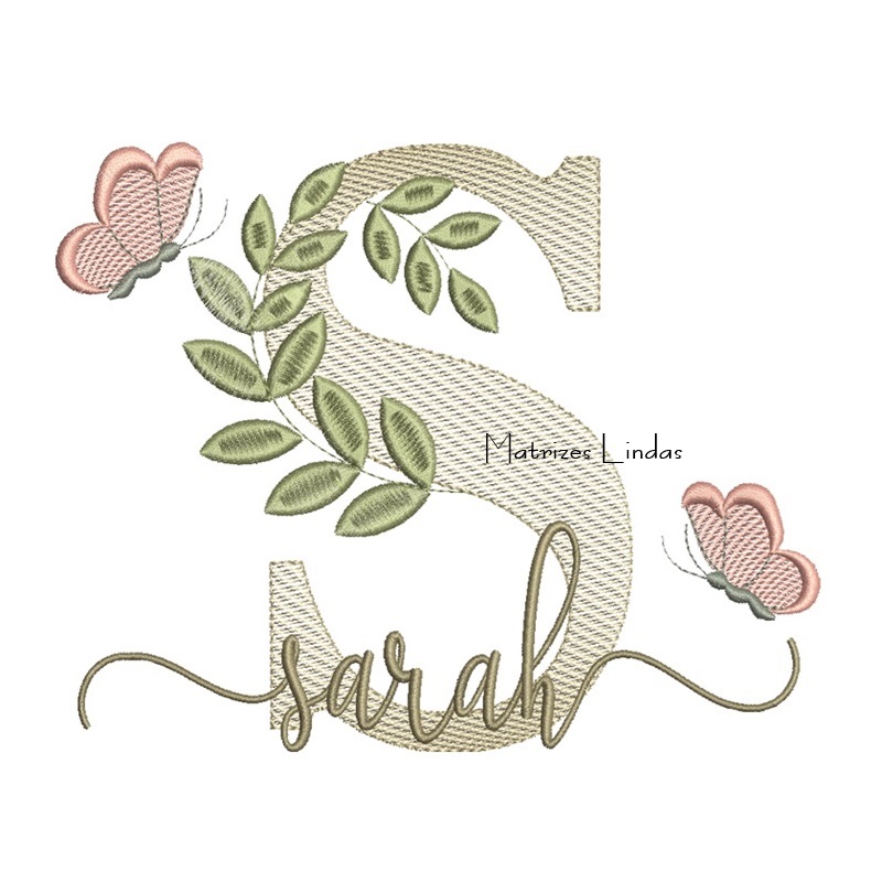 Matriz de Bordado Nome Sarah folhas e Borboletas