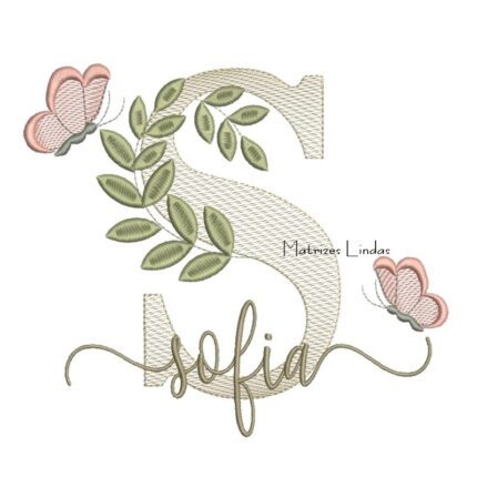 Matriz de Bordado Nome Sofia folhas e Borboletas