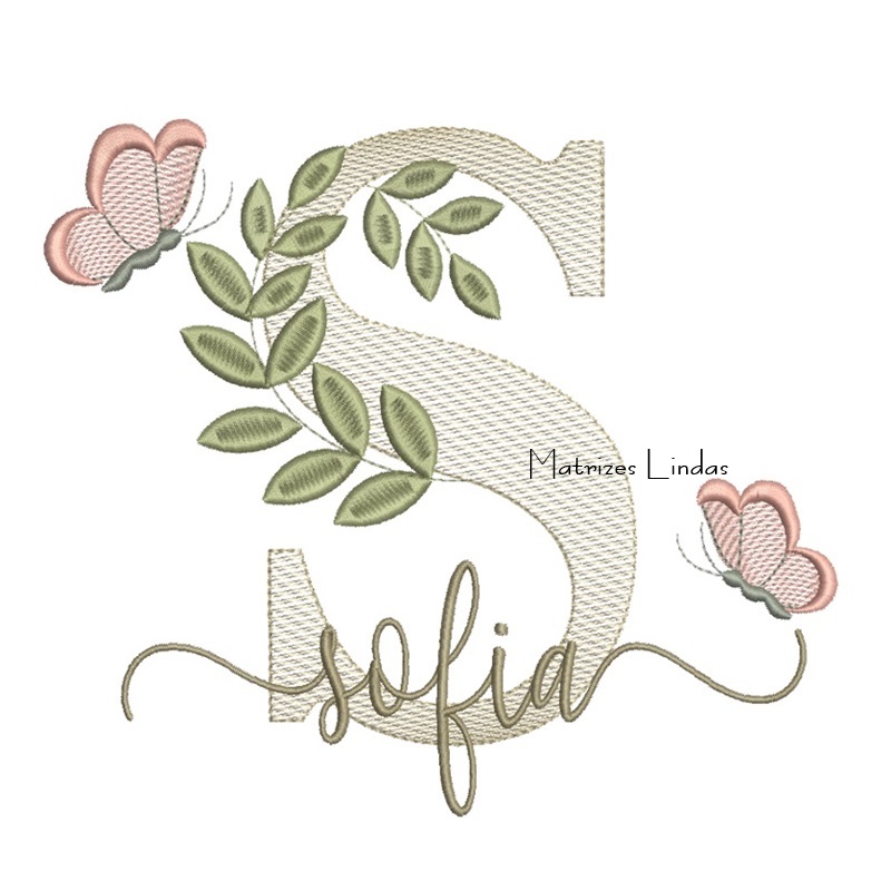 Matriz de Bordado Nome Sofia folhas e Borboletas