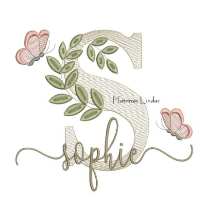 Matriz de Bordado Nome Sophie folhas e Borboletas
