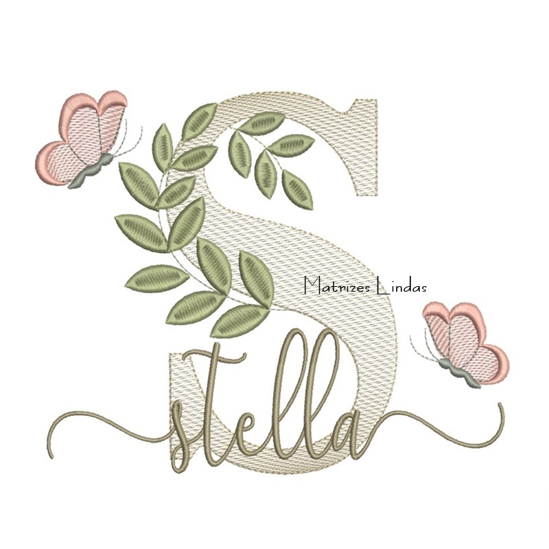 Matriz de Bordado Nome Stella folhas e Borboletas