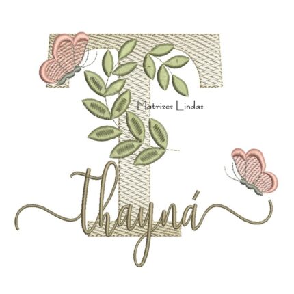 Matriz de Bordado Nome Thayná Folhas e Borboletas