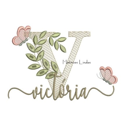 Matriz de Bordado Nome Victória Folhas e Borboletas
