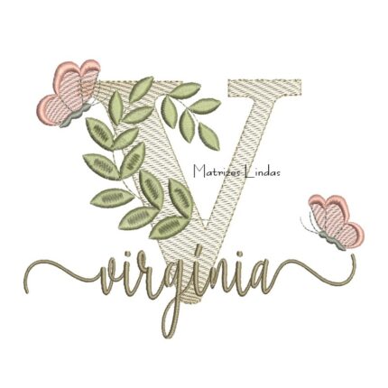 Matriz de Bordado Nome Virgínia Folhas e Borboletas