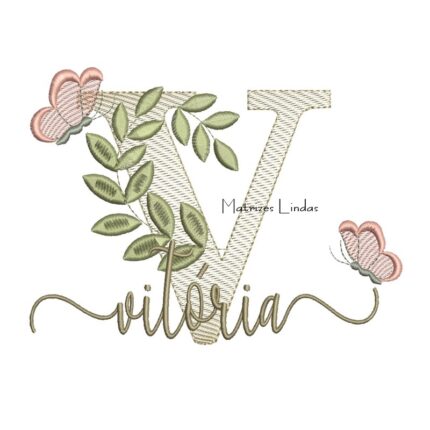 Matriz de Bordado Nome Vitória Folhas e Borboletas