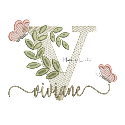 Matriz de Bordado Nome Viviane Folhas e Borboletas