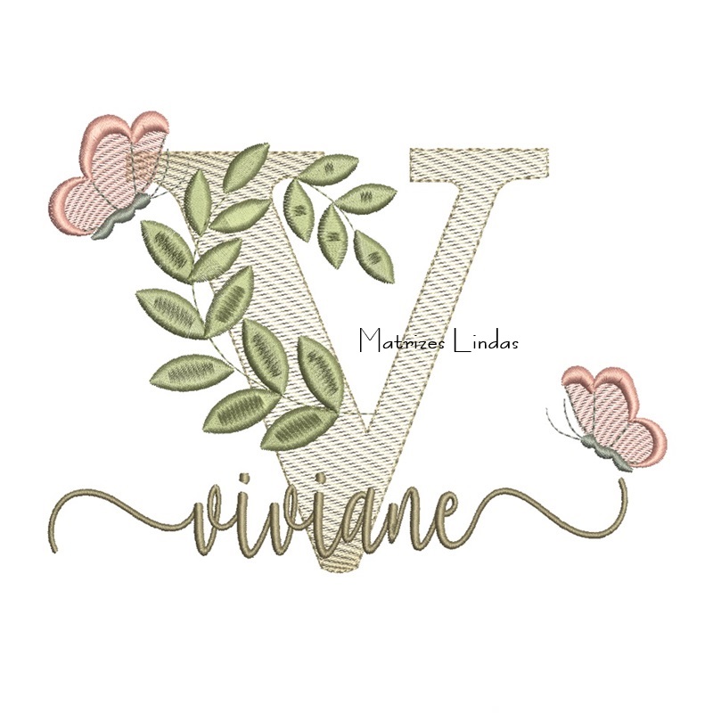 Matriz de Bordado Nome Viviane Folhas e Borboletas Matriz de Bordado Nome Viviane Folhas e Borboletas