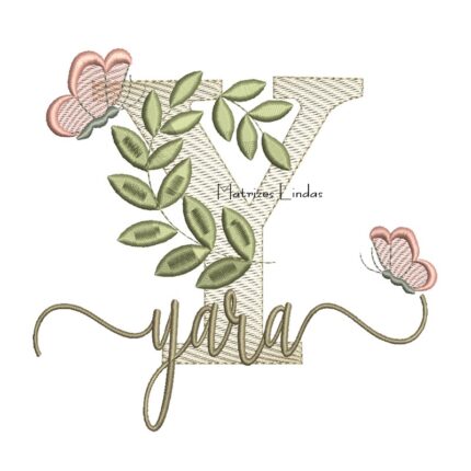 Matriz de Bordado Nome Yara Folhas e Borboletas