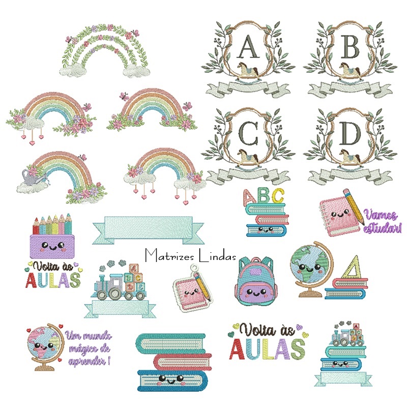 matriz de bordado coleção arcoiris coleção cavalinho e coleçao volta as aulas