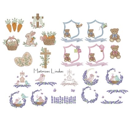 Matriz de Bordado - Coleção Ursinhos Brinquedos MAIS Coleção Páscoa MAIS Brinde Passarinhos Lavanda